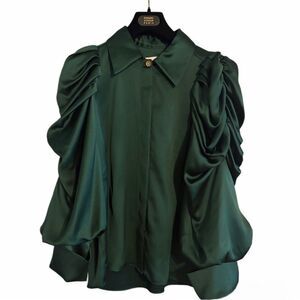 NWT Edward Achour Paris stunning emerald green puffy sleaved satin blouse sz 40